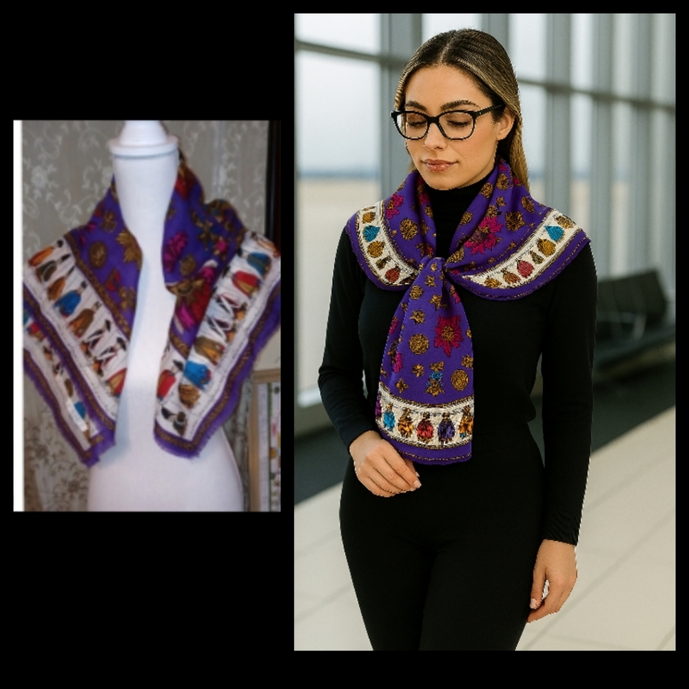 100% Wool  Adrienne Vittadini Retro Historical Vivid Print Scarf with Fringes●●